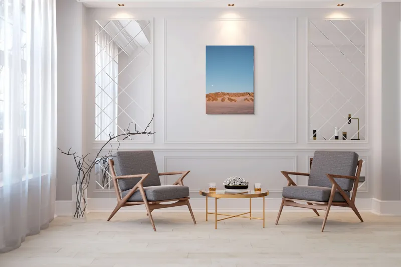 Tablou Canvas, "Dune de nisip sub clar de lună", Lună, Dune, Cer, Nisip, Orizont, Vegetație, Apus, Tranquilitate, 70 x 100 cm – poza 8