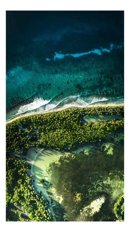 Tablou Canvas, "Laguna ascunsă în pădurea tropicală", Ocean, Valuri, Pădure, Vegetație, Uimitor, Albastru, Verde, Natură, Contrast, Peisaj, Aerial, Insulă, Frumusețe, Liniște, Splendoare, 26 x 39 cm