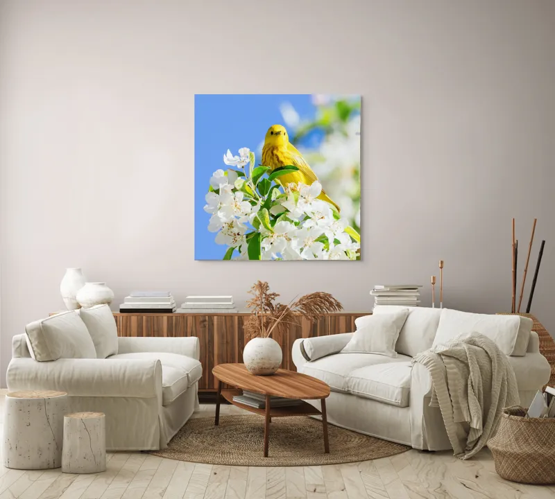 Tablou Canvas, "Veselie în livada înflorită", Galben, Delicat, Ramură, Flori, Cer, Albastru, Natură, Primăvară., 100 x 100 cm – poza 3