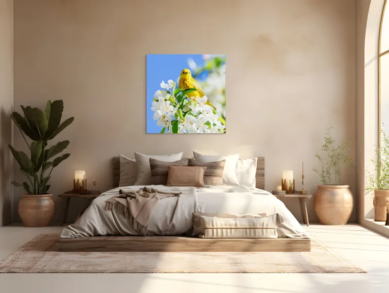 Tablou Canvas, "Veselie în livada înflorită", Galben, Delicat, Ramură, Flori, Cer, Albastru, Natură, Primăvară., 100 x 100 cm – poza 4