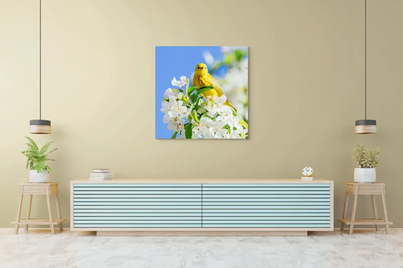 Tablou Canvas, "Veselie în livada înflorită", Galben, Delicat, Ramură, Flori, Cer, Albastru, Natură, Primăvară., 100 x 100 cm – poza 5