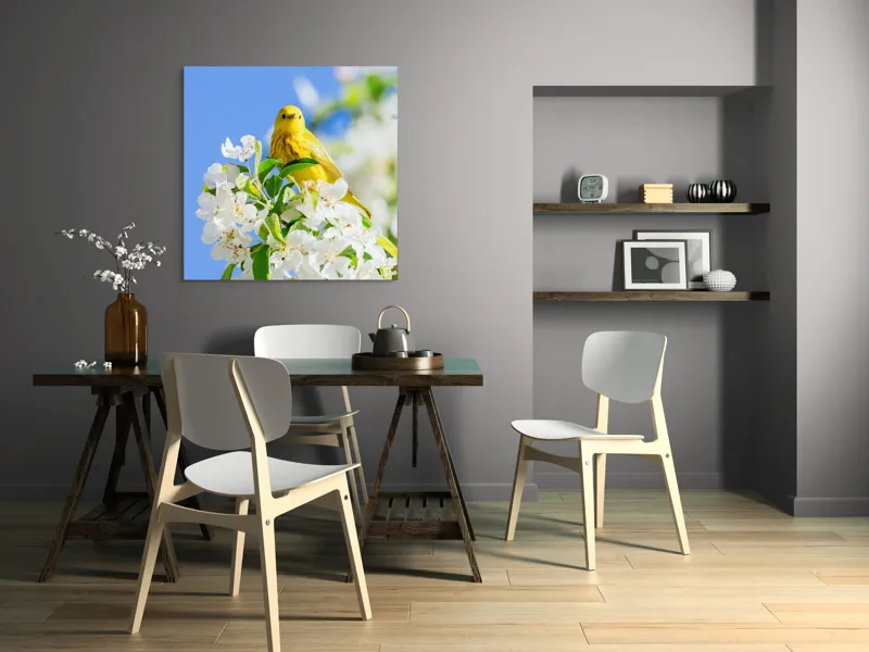Tablou Canvas, "Veselie în livada înflorită", Galben, Delicat, Ramură, Flori, Cer, Albastru, Natură, Primăvară., 100 x 100 cm – poza 6