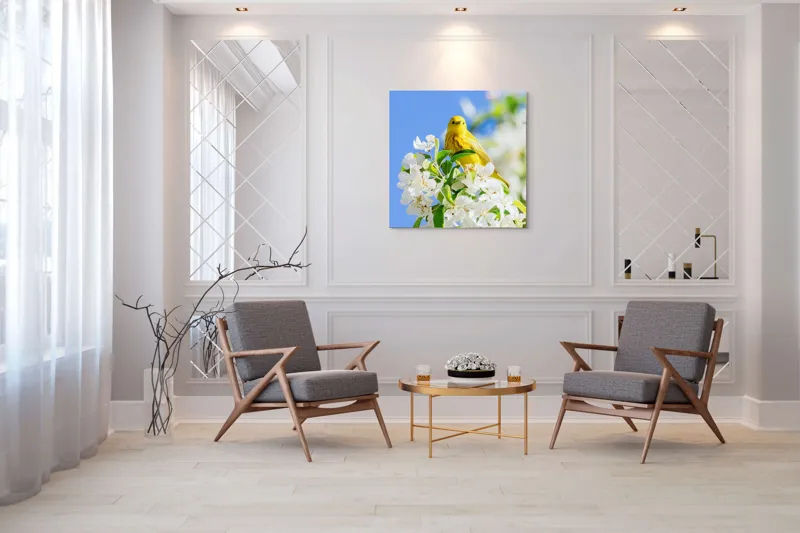 Tablou Canvas, "Veselie în livada înflorită", Galben, Delicat, Ramură, Flori, Cer, Albastru, Natură, Primăvară., 100 x 100 cm – poza 7