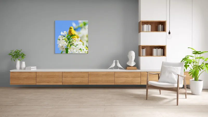 Tablou Canvas, "Veselie în livada înflorită", Galben, Delicat, Ramură, Flori, Cer, Albastru, Natură, Primăvară., 100 x 100 cm – poza 8