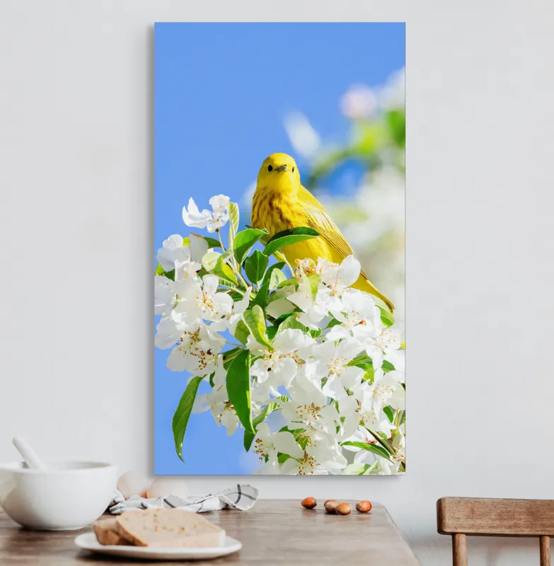 Tablou Canvas, "Veselie în livada înflorită", Galben, Delicat, Ramură, Flori, Cer, Albastru, Natură, Primăvară., 50 x 90 cm – poza 3