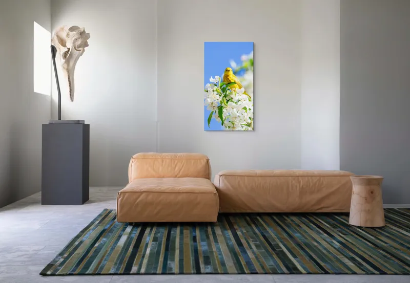 Tablou Canvas, "Veselie în livada înflorită", Galben, Delicat, Ramură, Flori, Cer, Albastru, Natură, Primăvară., 50 x 90 cm – poza 5
