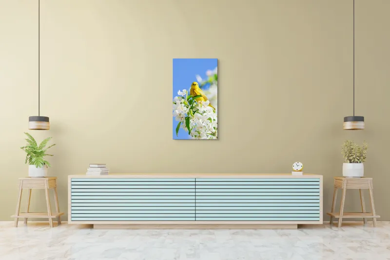 Tablou Canvas, "Veselie în livada înflorită", Galben, Delicat, Ramură, Flori, Cer, Albastru, Natură, Primăvară., 50 x 90 cm – poza 6