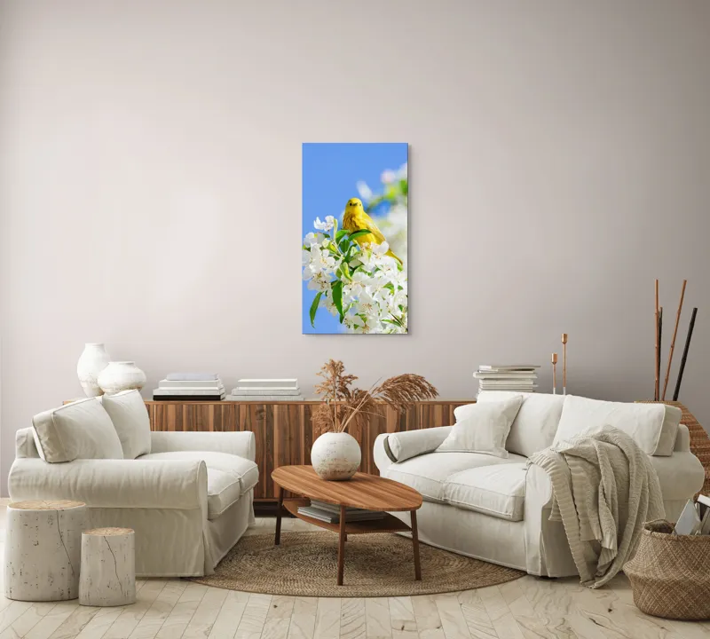 Tablou Canvas, "Veselie în livada înflorită", Galben, Delicat, Ramură, Flori, Cer, Albastru, Natură, Primăvară., 50 x 90 cm – poza 7