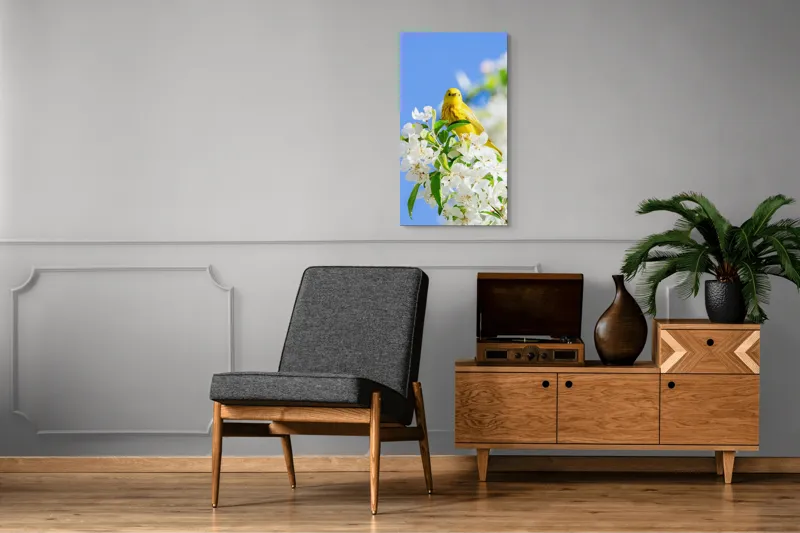 Tablou Canvas, "Veselie în livada înflorită", Galben, Delicat, Ramură, Flori, Cer, Albastru, Natură, Primăvară., 50 x 90 cm – poza 8