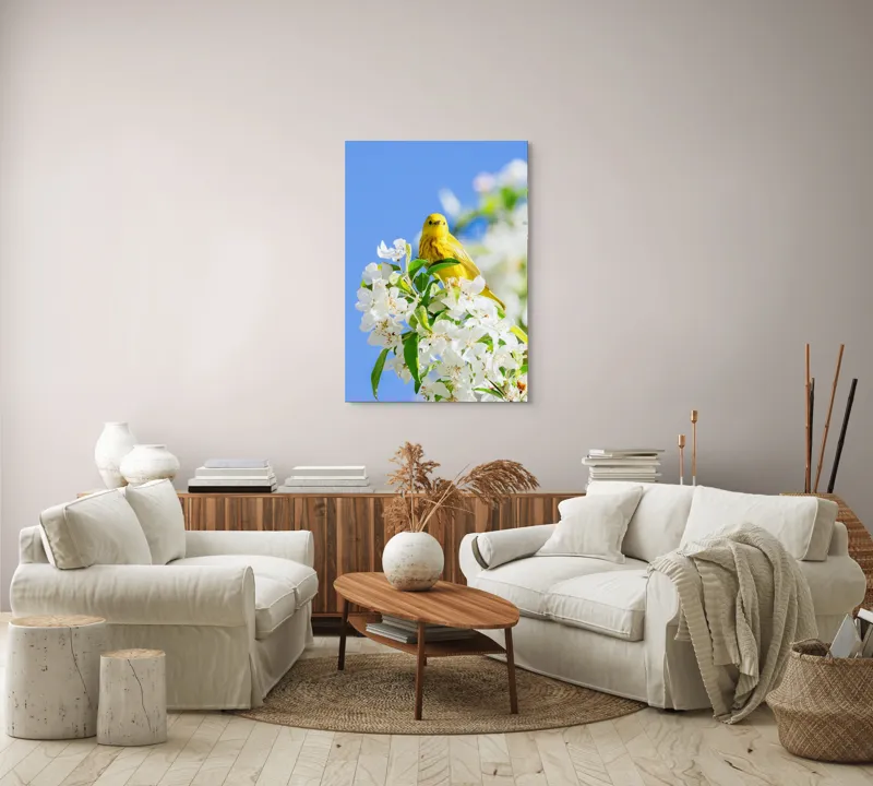 Tablou Canvas, "Veselie în livada înflorită", Galben, Delicat, Ramură, Flori, Cer, Albastru, Natură, Primăvară., 70 x 100 cm – poza 4