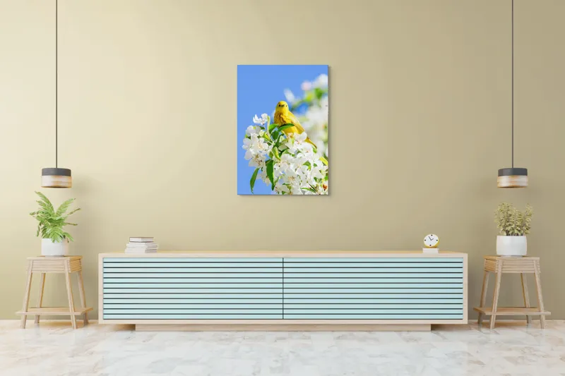 Tablou Canvas, "Veselie în livada înflorită", Galben, Delicat, Ramură, Flori, Cer, Albastru, Natură, Primăvară., 70 x 100 cm – poza 5