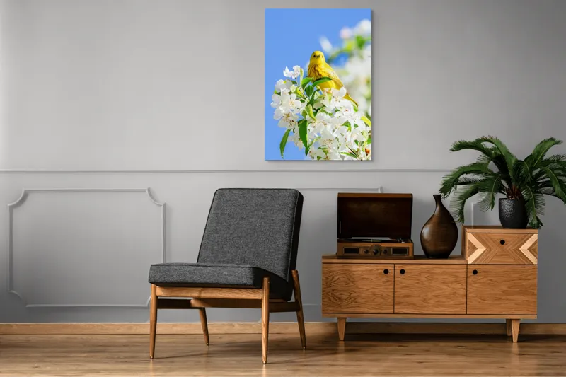 Tablou Canvas, "Veselie în livada înflorită", Galben, Delicat, Ramură, Flori, Cer, Albastru, Natură, Primăvară., 70 x 100 cm – poza 6