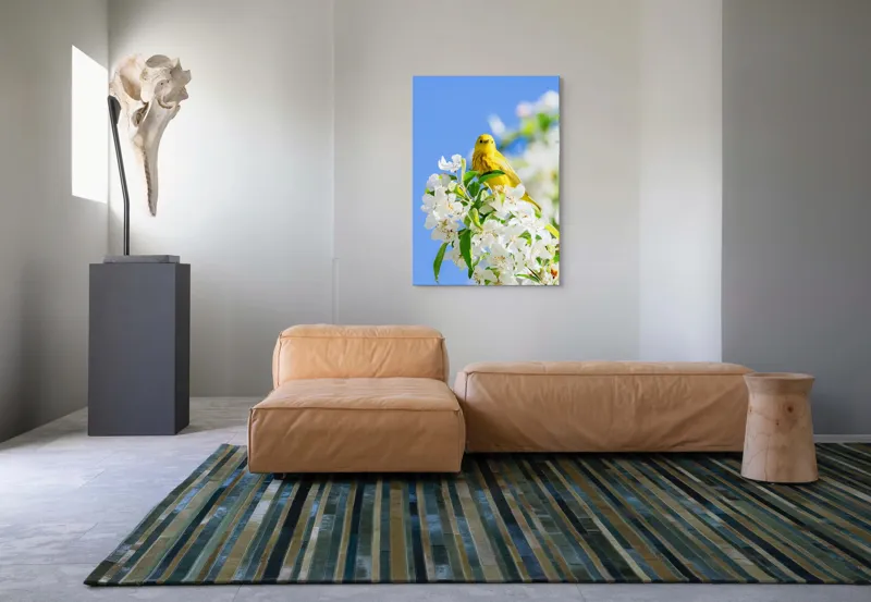 Tablou Canvas, "Veselie în livada înflorită", Galben, Delicat, Ramură, Flori, Cer, Albastru, Natură, Primăvară., 70 x 100 cm – poza 7