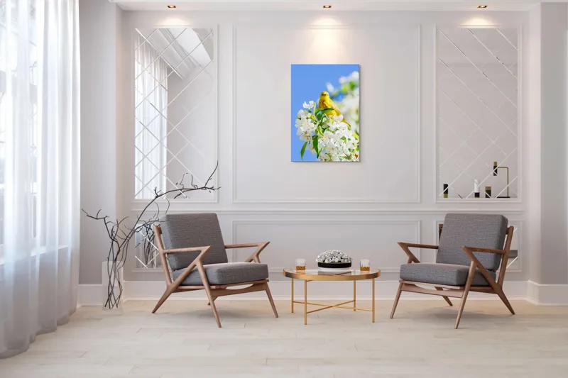 Tablou Canvas, "Veselie în livada înflorită", Galben, Delicat, Ramură, Flori, Cer, Albastru, Natură, Primăvară., 70 x 100 cm – poza 8