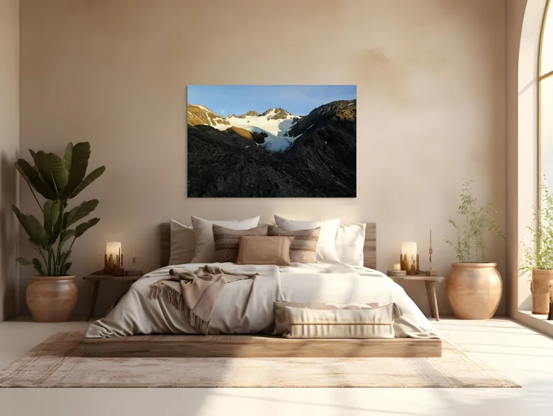 Tablou Canvas, "Măreția muntelui sub cer senin", Munte, Zăpadă, Ghețar, Umbre, Cer, Piatră, Vârfuri, Apus, 150 x 100 cm – poza 4