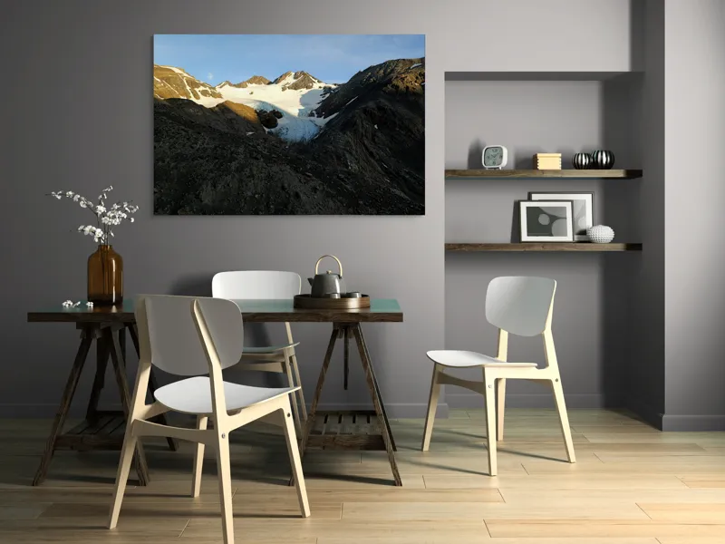 Tablou Canvas, "Măreția muntelui sub cer senin", Munte, Zăpadă, Ghețar, Umbre, Cer, Piatră, Vârfuri, Apus, 150 x 100 cm – poza 5