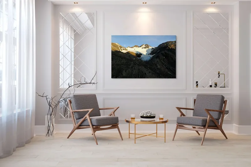 Tablou Canvas, "Măreția muntelui sub cer senin", Munte, Zăpadă, Ghețar, Umbre, Cer, Piatră, Vârfuri, Apus, 150 x 100 cm – poza 7