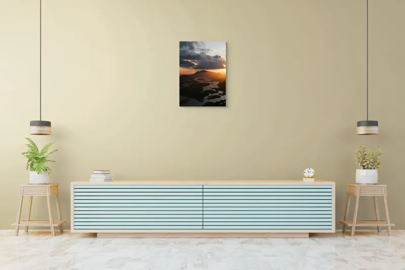 Tablou Canvas, "Apus peste râu șerpuind printre munți", Nor, Apus, Munte, Râu, Siluetă, Cer, Lumină, Reflecție, 50 x 70 cm – poza 6