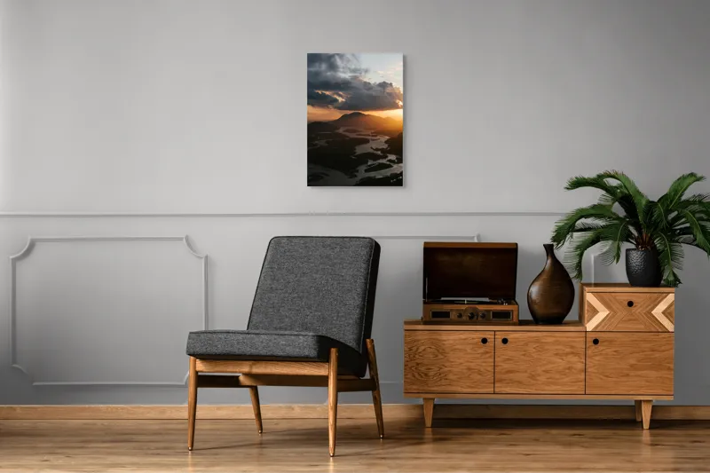 Tablou Canvas, "Apus peste râu șerpuind printre munți", Nor, Apus, Munte, Râu, Siluetă, Cer, Lumină, Reflecție, 50 x 70 cm – poza 8
