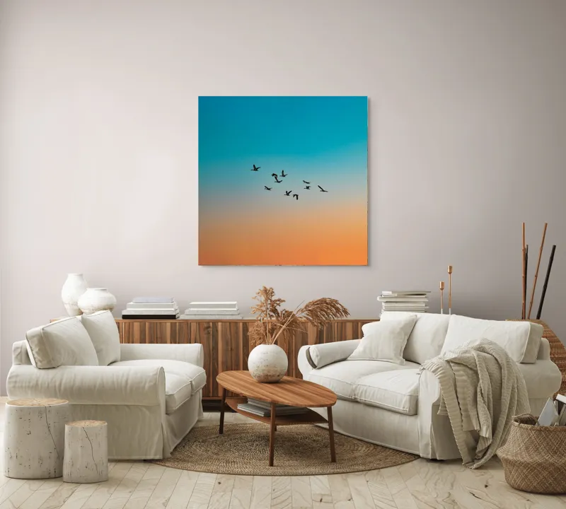 Tablou Canvas, "Zborul liniștit al înserării", Zbor, Păsări, Cer, Apus, Orizont, Culoare, Siluetă, Armonie, Natură, 100 x 100 cm – poza 3