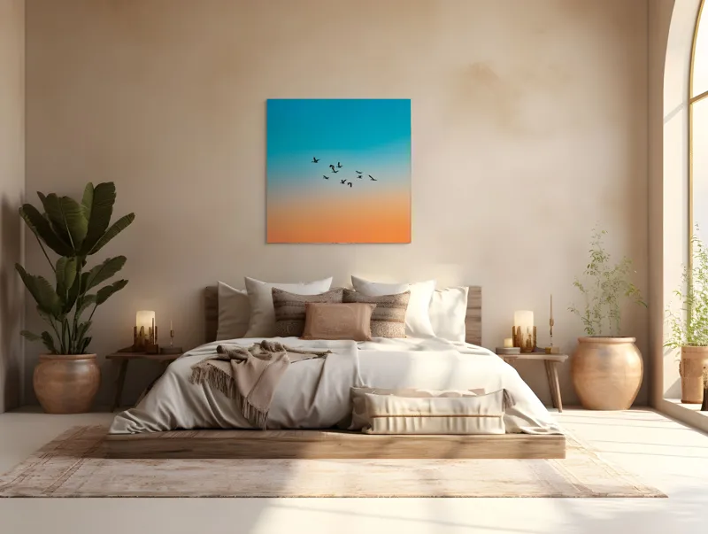 Tablou Canvas, "Zborul liniștit al înserării", Zbor, Păsări, Cer, Apus, Orizont, Culoare, Siluetă, Armonie, Natură, 100 x 100 cm – poza 4