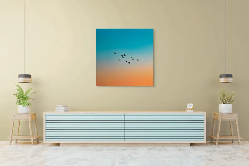 Tablou Canvas, "Zborul liniștit al înserării", Zbor, Păsări, Cer, Apus, Orizont, Culoare, Siluetă, Armonie, Natură, 100 x 100 cm – poza 5
