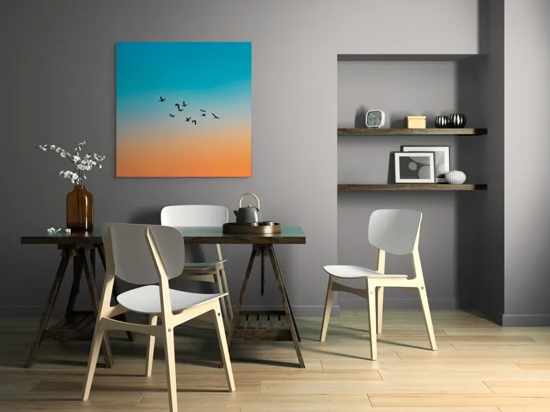 Tablou Canvas, "Zborul liniștit al înserării", Zbor, Păsări, Cer, Apus, Orizont, Culoare, Siluetă, Armonie, Natură, 100 x 100 cm – poza 6