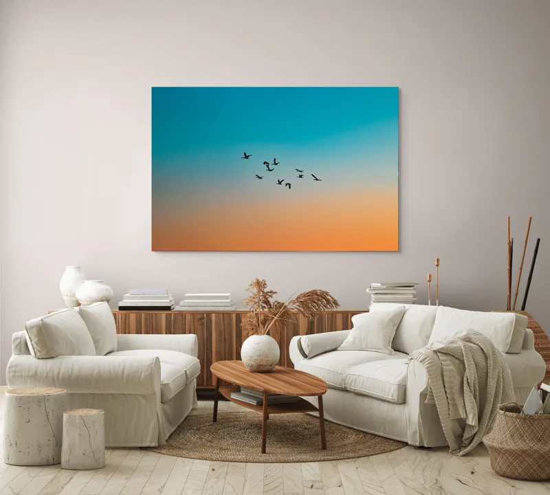 Tablou Canvas, "Zborul liniștit al înserării", Zbor, Păsări, Cer, Apus, Orizont, Culoare, Siluetă, Armonie, Natură, 150 x 100 cm – poza 3