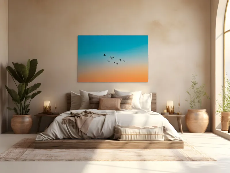 Tablou Canvas, "Zborul liniștit al înserării", Zbor, Păsări, Cer, Apus, Orizont, Culoare, Siluetă, Armonie, Natură, 150 x 100 cm – poza 4