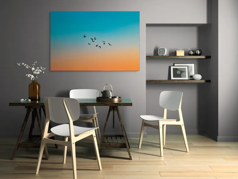 Tablou Canvas, "Zborul liniștit al înserării", Zbor, Păsări, Cer, Apus, Orizont, Culoare, Siluetă, Armonie, Natură, 150 x 100 cm – poza 5