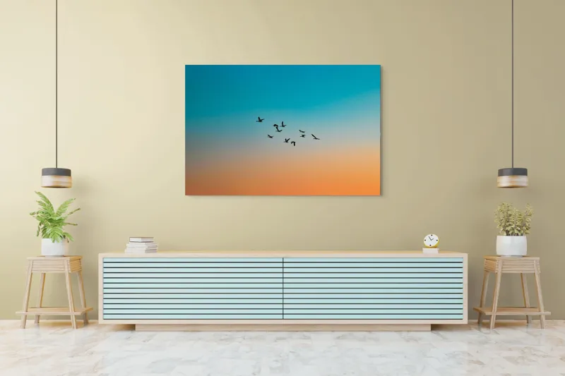 Tablou Canvas, "Zborul liniștit al înserării", Zbor, Păsări, Cer, Apus, Orizont, Culoare, Siluetă, Armonie, Natură, 150 x 100 cm – poza 6