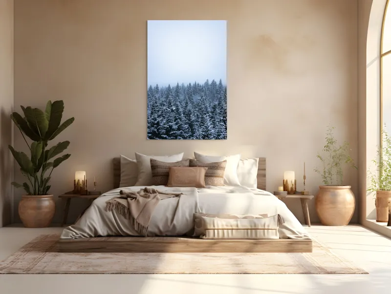Tablou Canvas, "Iarna liniștită în pădurea de brazi", Copaci, Zăpadă, Ceață, Frig, Natură, Iarnă, Calm, Serenitate, 100 x 150 cm – poza 3