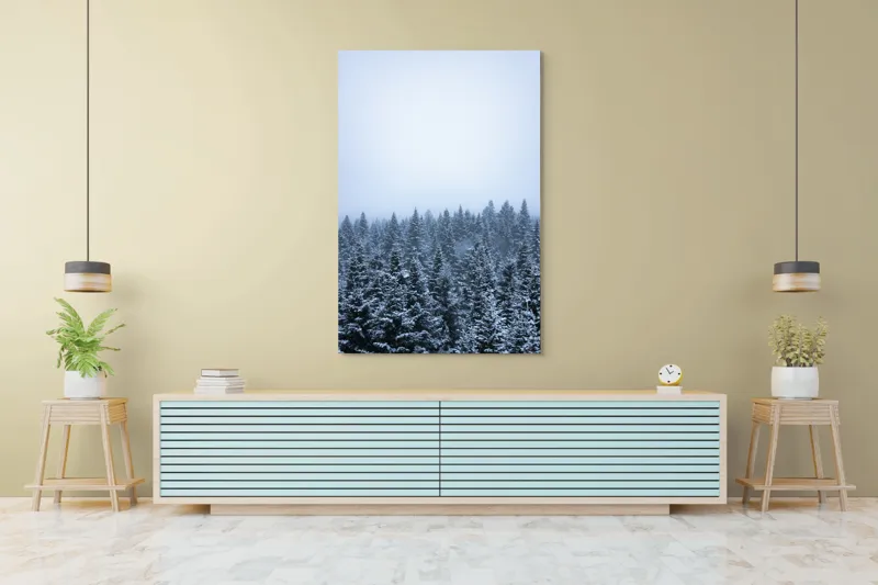 Tablou Canvas, "Iarna liniștită în pădurea de brazi", Copaci, Zăpadă, Ceață, Frig, Natură, Iarnă, Calm, Serenitate, 100 x 150 cm – poza 4