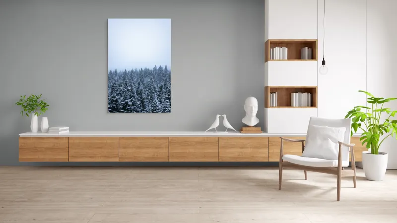 Tablou Canvas, "Iarna liniștită în pădurea de brazi", Copaci, Zăpadă, Ceață, Frig, Natură, Iarnă, Calm, Serenitate, 100 x 150 cm – poza 8