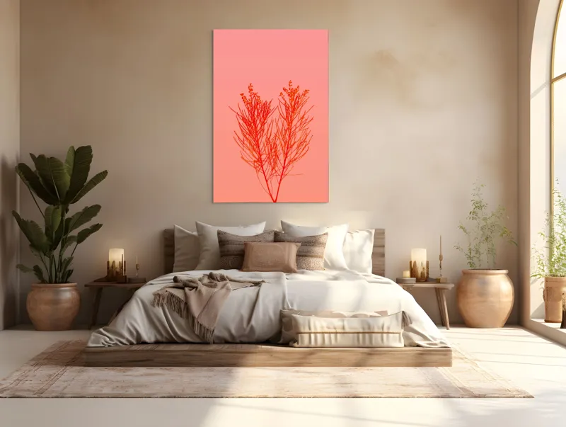 Tablou Canvas, "Ritm vegetal pe fundal roz", Ramură, Roșu, Minimalism, Natură, Simplu, Frumusețe, 100 x 150 cm – poza 3