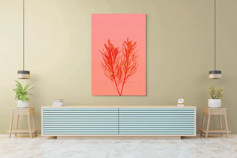Tablou Canvas, "Ritm vegetal pe fundal roz", Ramură, Roșu, Minimalism, Natură, Simplu, Frumusețe, 100 x 150 cm – poza 4