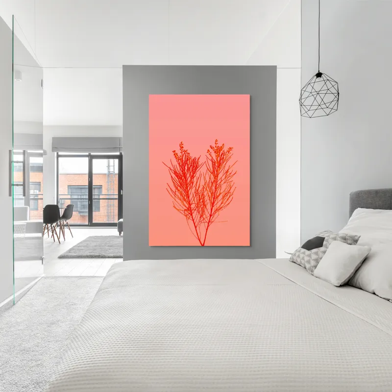 Tablou Canvas, "Ritm vegetal pe fundal roz", Ramură, Roșu, Minimalism, Natură, Simplu, Frumusețe, 100 x 150 cm – poza 5