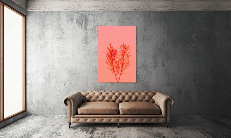 Tablou Canvas, "Ritm vegetal pe fundal roz", Ramură, Roșu, Minimalism, Natură, Simplu, Frumusețe, 100 x 150 cm – poza 6