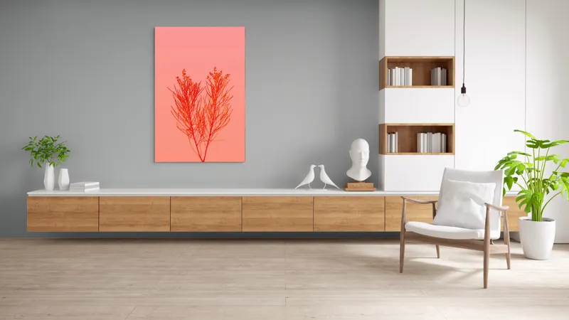 Tablou Canvas, "Ritm vegetal pe fundal roz", Ramură, Roșu, Minimalism, Natură, Simplu, Frumusețe, 100 x 150 cm – poza 8