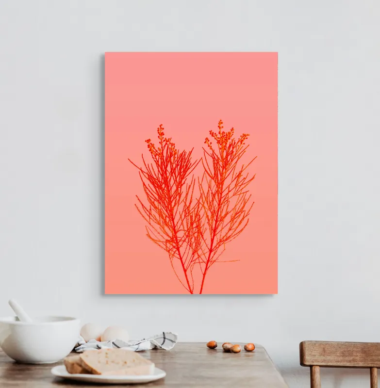Tablou Canvas, "Ritm vegetal pe fundal roz", Ramură, Roșu, Minimalism, Natură, Simplu, Frumusețe, 50 x 70 cm – poza 3