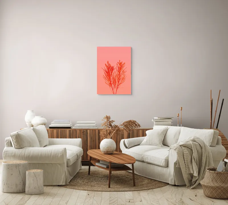 Tablou Canvas, "Ritm vegetal pe fundal roz", Ramură, Roșu, Minimalism, Natură, Simplu, Frumusețe, 50 x 70 cm – poza 4