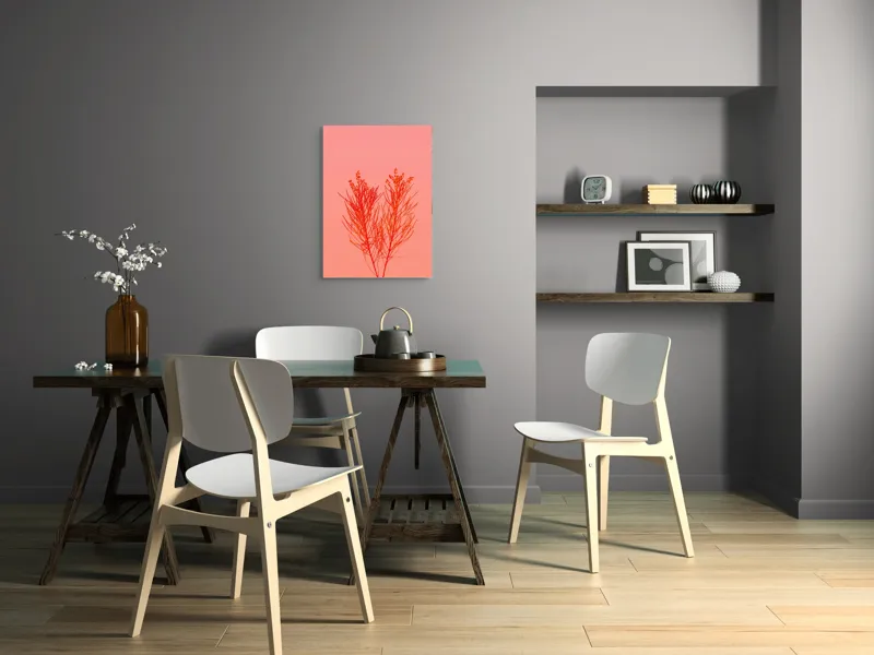Tablou Canvas, "Ritm vegetal pe fundal roz", Ramură, Roșu, Minimalism, Natură, Simplu, Frumusețe, 50 x 70 cm – poza 5