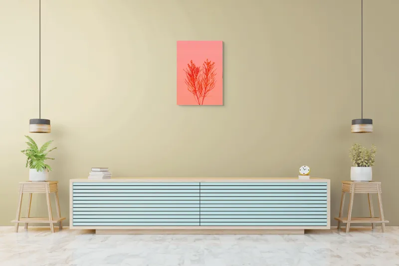 Tablou Canvas, "Ritm vegetal pe fundal roz", Ramură, Roșu, Minimalism, Natură, Simplu, Frumusețe, 50 x 70 cm – poza 6
