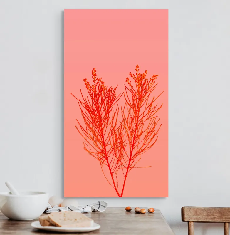 Tablou Canvas, "Ritm vegetal pe fundal roz", Ramură, Roșu, Minimalism, Natură, Simplu, Frumusețe, 50 x 90 cm – poza 3