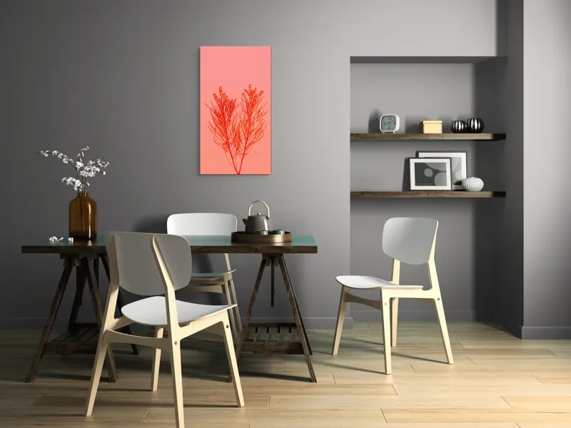 Tablou Canvas, "Ritm vegetal pe fundal roz", Ramură, Roșu, Minimalism, Natură, Simplu, Frumusețe, 50 x 90 cm – poza 4