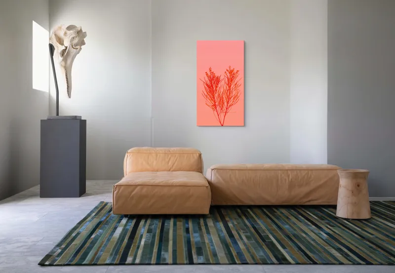Tablou Canvas, "Ritm vegetal pe fundal roz", Ramură, Roșu, Minimalism, Natură, Simplu, Frumusețe, 50 x 90 cm – poza 5