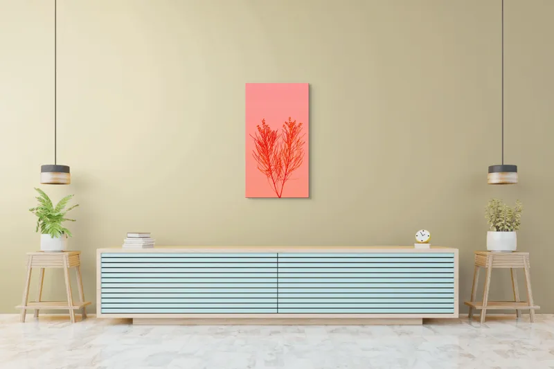 Tablou Canvas, "Ritm vegetal pe fundal roz", Ramură, Roșu, Minimalism, Natură, Simplu, Frumusețe, 50 x 90 cm – poza 6