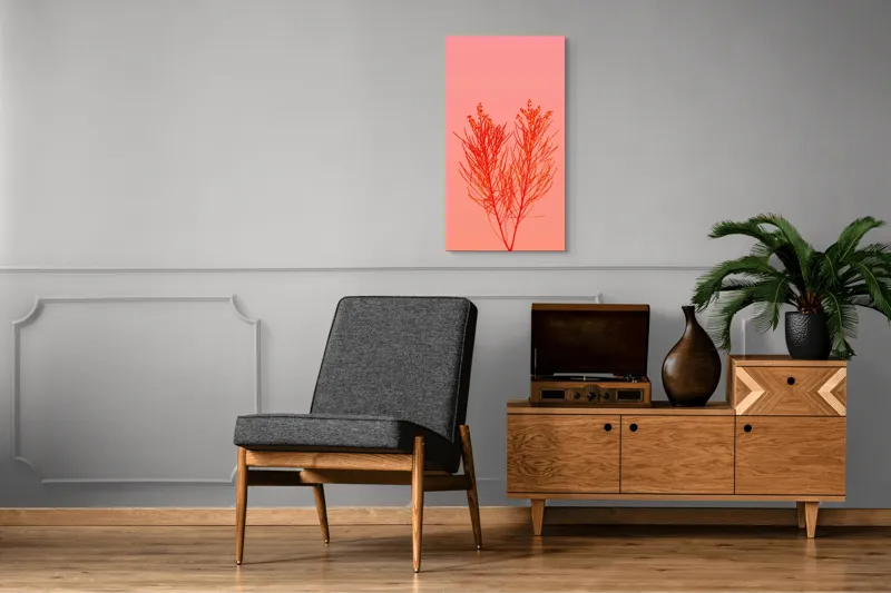 Tablou Canvas, "Ritm vegetal pe fundal roz", Ramură, Roșu, Minimalism, Natură, Simplu, Frumusețe, 50 x 90 cm – poza 8