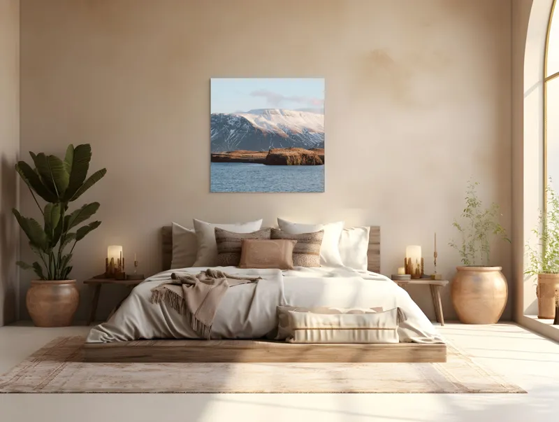 Tablou Canvas, "Vârtej de munte și apă liniștită", Munți, Zăpadă, Apă, Cer, Stâncă, Câmpie, Orizont, Lumină, Natură., 100 x 100 cm – poza 4