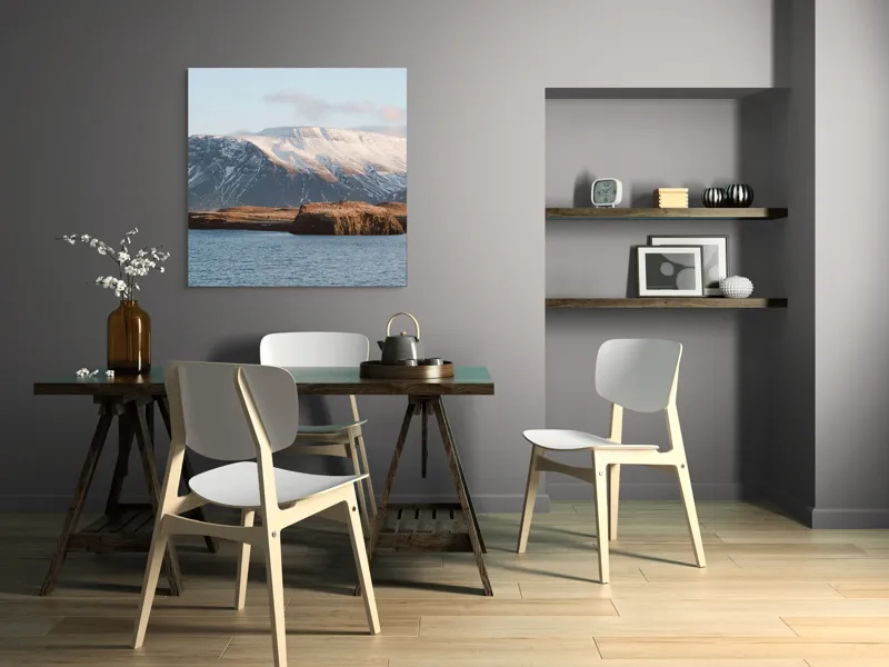 Tablou Canvas, "Vârtej de munte și apă liniștită", Munți, Zăpadă, Apă, Cer, Stâncă, Câmpie, Orizont, Lumină, Natură., 100 x 100 cm – poza 6